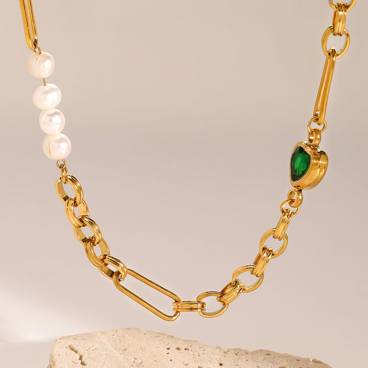 J&D Dainty 18k Gold Stainless Steel Rhinestone Freshwater Pearl Green Heart Necklaces Bracelets Set