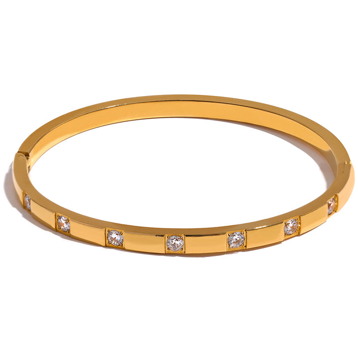 JINYOU 568 Stylish Cubic Zirconia Stainless Steel Wrist Bangle Bracelet 18K Gold Plated Waterproof Jewelry for Women Charm