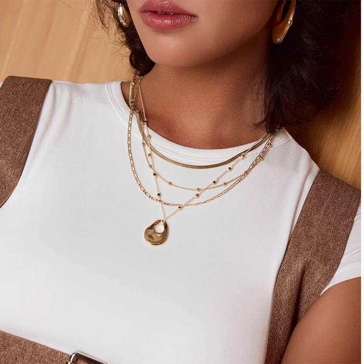 J&D Triple Layer Necklace 18k Gold Plated Stainless Steel Blade Chain Beaded Chain Figaro Chain Elegant Style